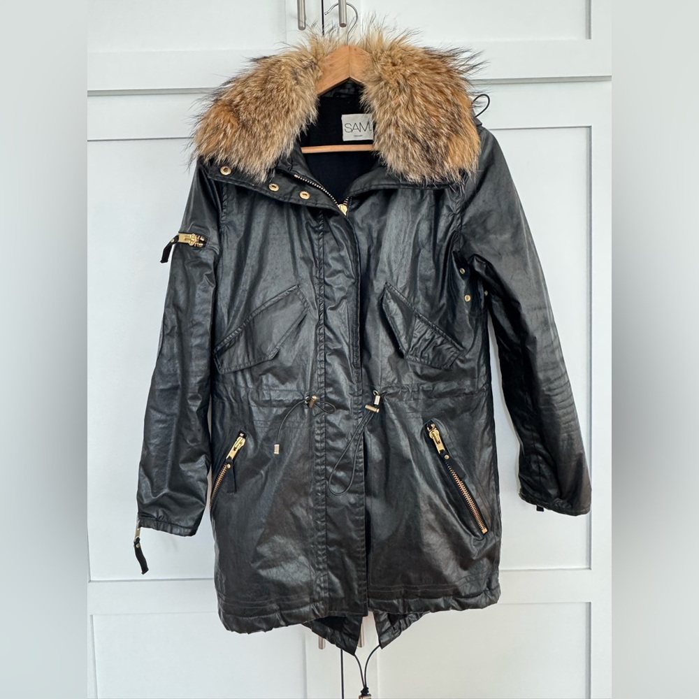 SAM. Black Jacket with Brown/tan Fur Trim XS